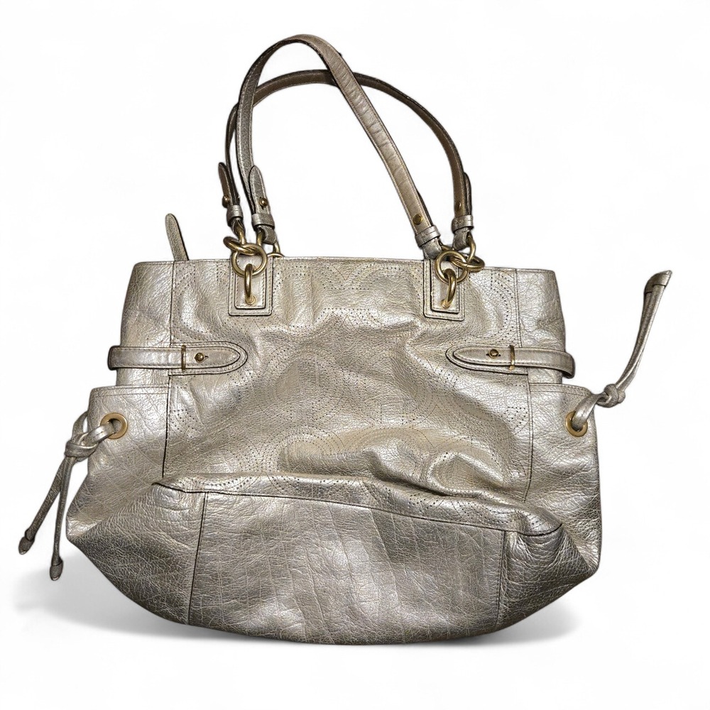 Metallic Coach Womens Large Tote‎ Bag Champagne Gold Perforated Leather Shoulder